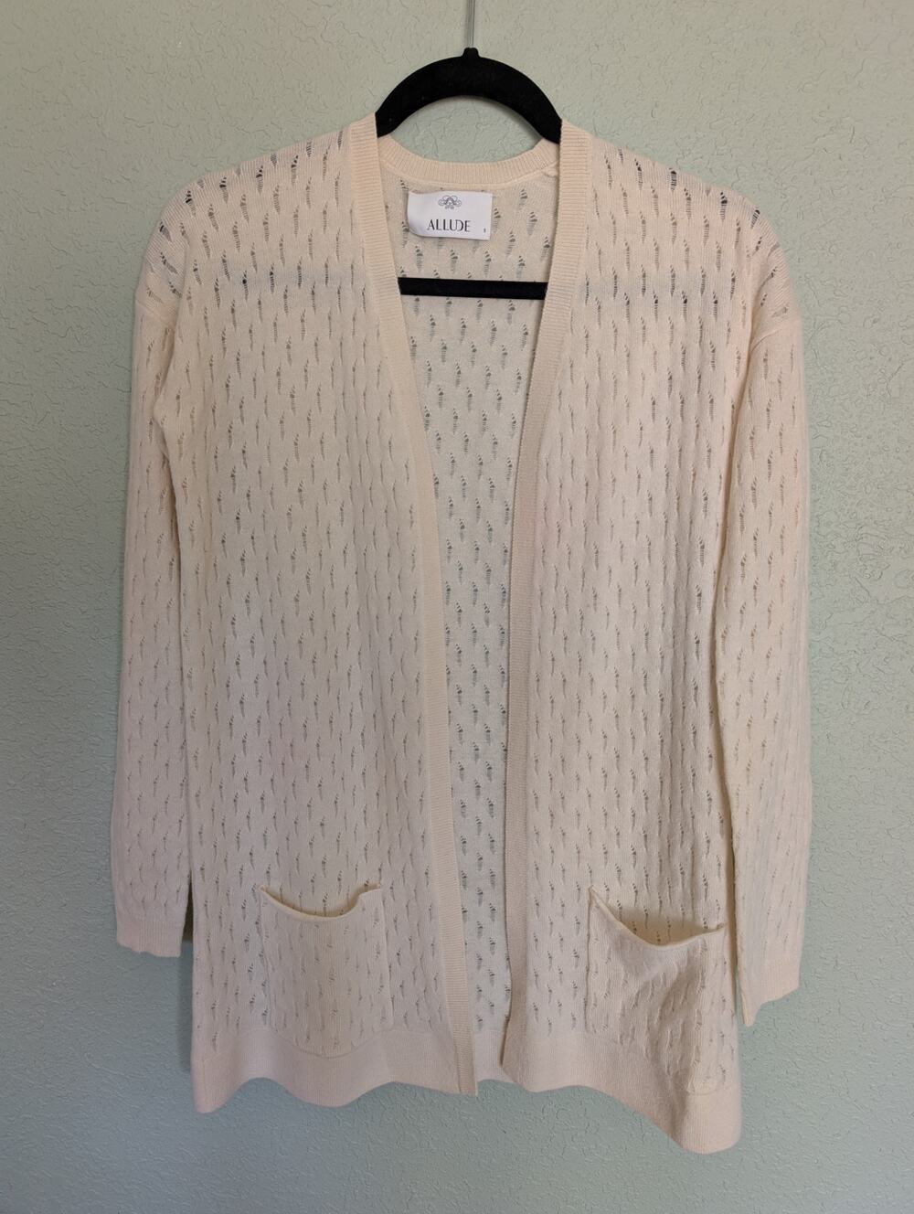 Allude 100% Cashmere Pointelle Knit Open Front Cardigan Sweater Cream White S